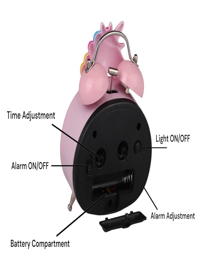 De'rons Twin Bell Analog Table Alarm Clock with Backlight for Heavy Sleepers Loud Alarm Clock for Students Funny Cute Cartoon Unicorn Shape Alarm Clock for Girls Kids Boys Bedroom 13.5 x 10 cm (Pink) - Image 4